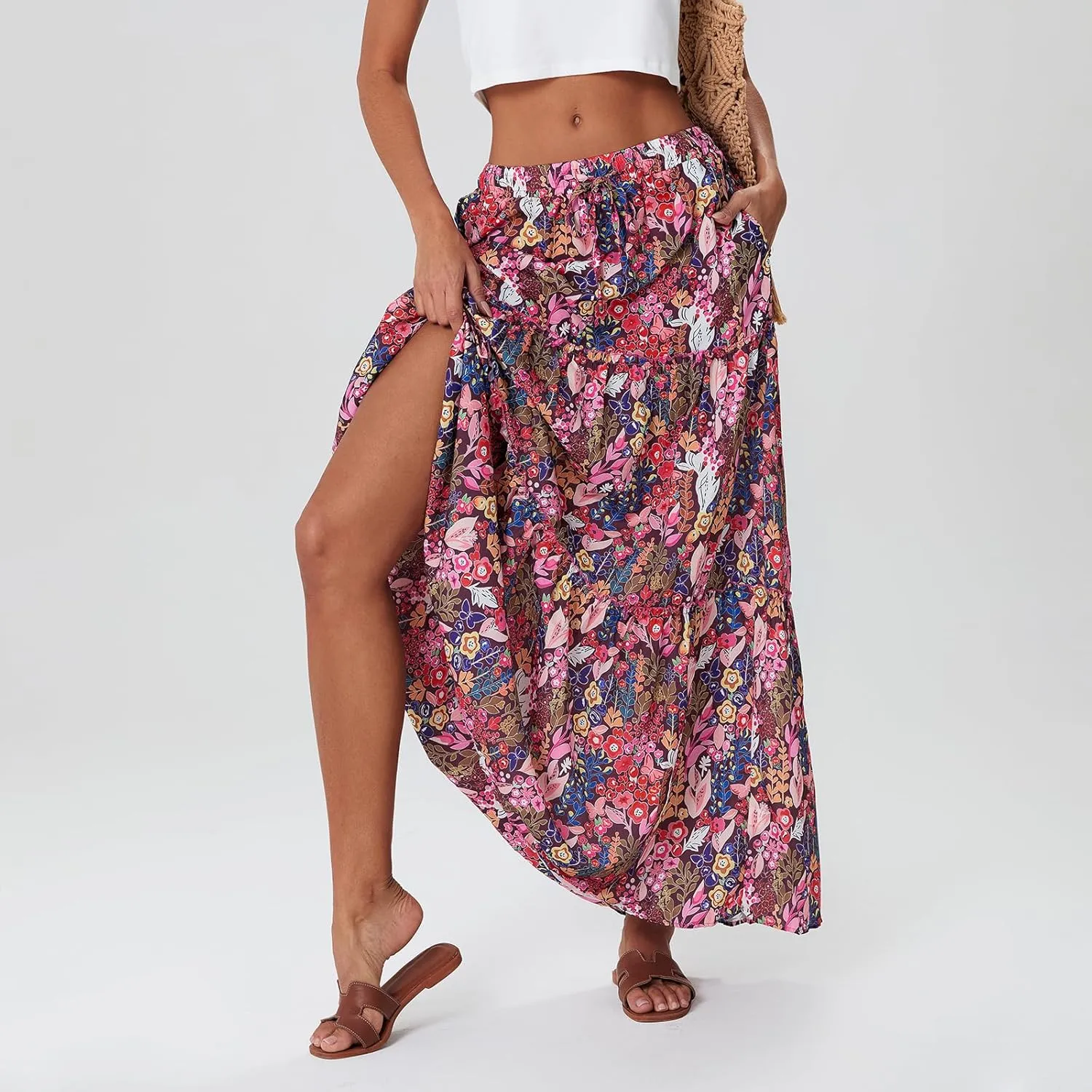 Women Y2k Denim Maxi Skirt Elastic Waist Button Pleated Tiered Flowy Long Swing Skirts Retro Chambray Jean Skirt