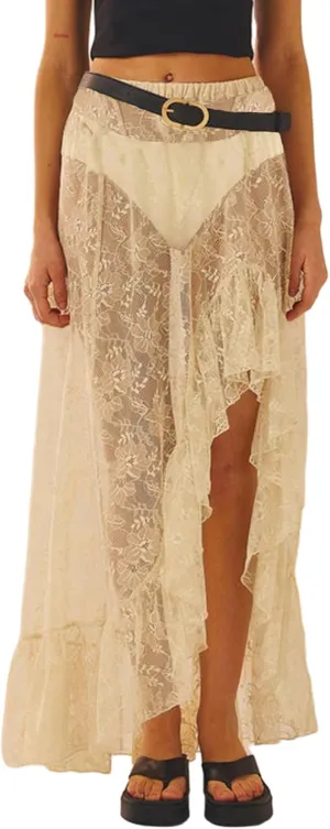 Women Y2k Lace Maxi Skirt High Waist See Through Ruffle Slip Long Skirts Layered Flowy Summer Beach Skirts
