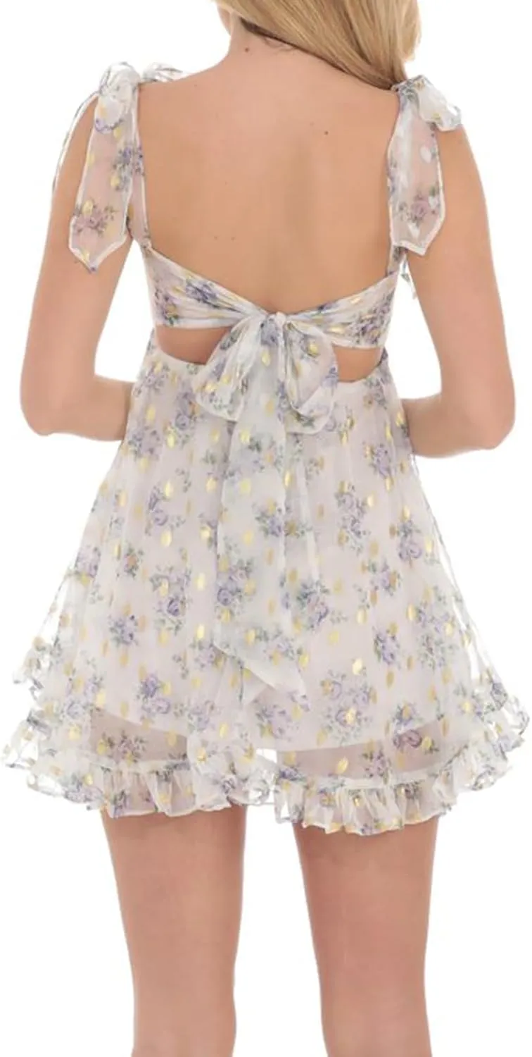 Women Y2K Tie Shoulder Mini Dress Sleeveless Backless Ruffle Short Babydoll Dress Summer Flowy Beach A Line Dresses