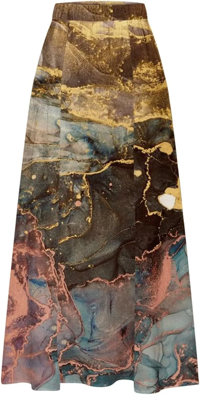 Women's 2024 Summer Printed Long Skirts Trendy Loose Fitted Skirt Pretty High Waist A-Line Maxi Skirt for Ladies