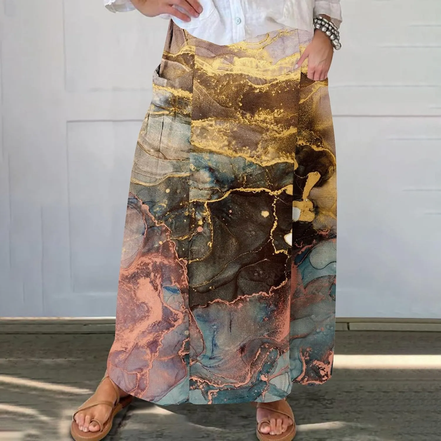 Women's 2024 Summer Printed Long Skirts Trendy Loose Fitted Skirt Pretty High Waist A-Line Maxi Skirt for Ladies