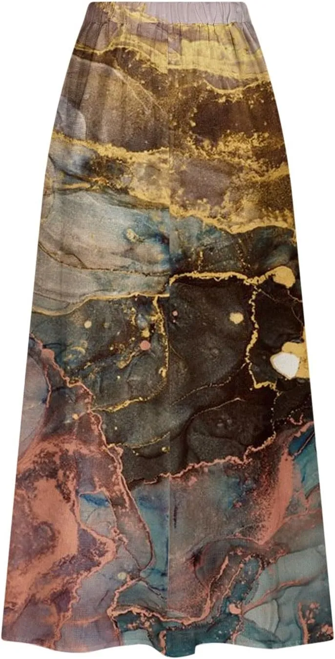 Women's 2024 Summer Printed Long Skirts Trendy Loose Fitted Skirt Pretty High Waist A-Line Maxi Skirt for Ladies