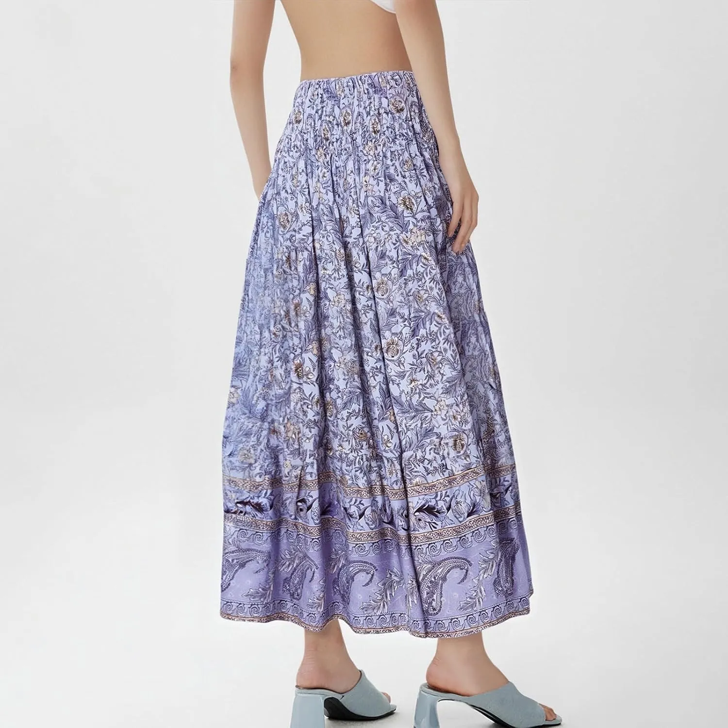 Women's 2025 Summer Bohemian Floral Printed Stretch Waist Tiered Pleated Swing Maxi Skirt with Pockets, S-2XL