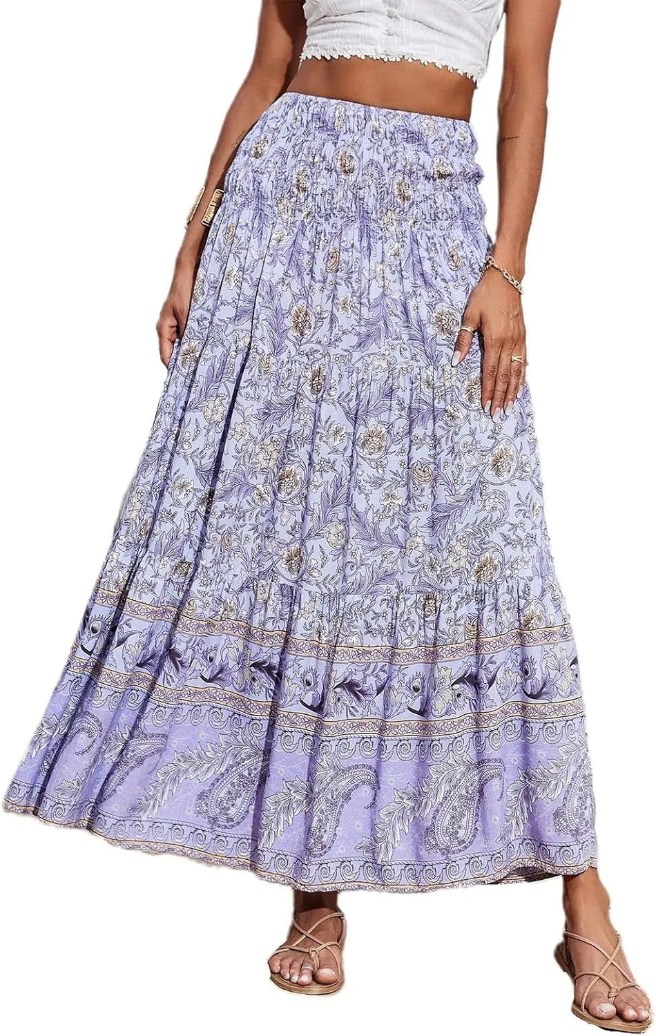 Women's 2025 Summer Bohemian Floral Printed Stretch Waist Tiered Pleated Swing Maxi Skirt with Pockets, S-2XL