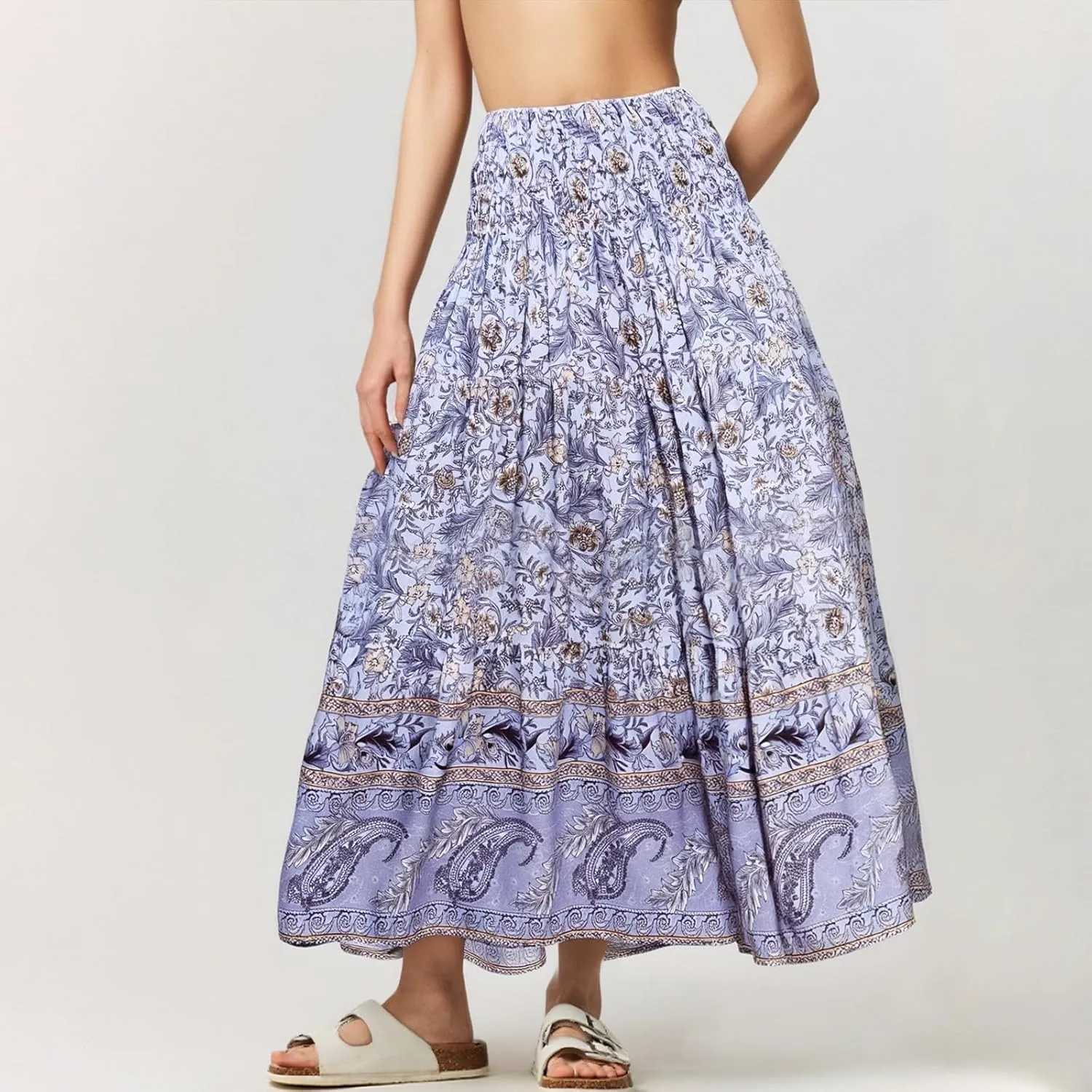 Women's 2025 Summer Bohemian Floral Printed Stretch Waist Tiered Pleated Swing Maxi Skirt with Pockets, S-2XL