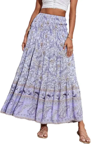 Women's 2025 Summer Bohemian Floral Printed Stretch Waist Tiered Pleated Swing Maxi Skirt with Pockets, S-2XL