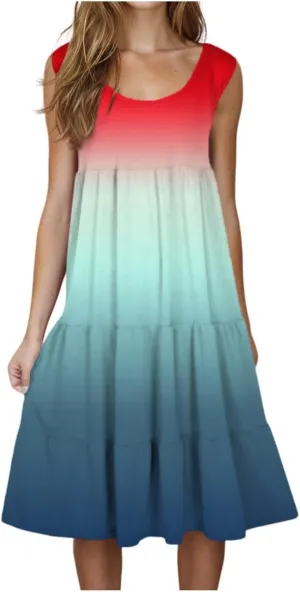 Womens 2025 Summer Casual Boho Dresses Sleeveless Color Block Ruffle Tiered Sundresses Cute Crew Neck Mini Dress