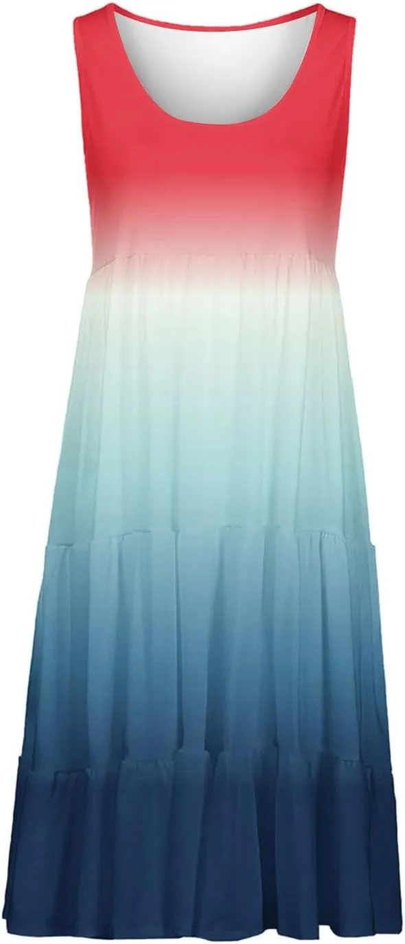 Womens 2025 Summer Casual Boho Dresses Sleeveless Color Block Ruffle Tiered Sundresses Cute Crew Neck Mini Dress