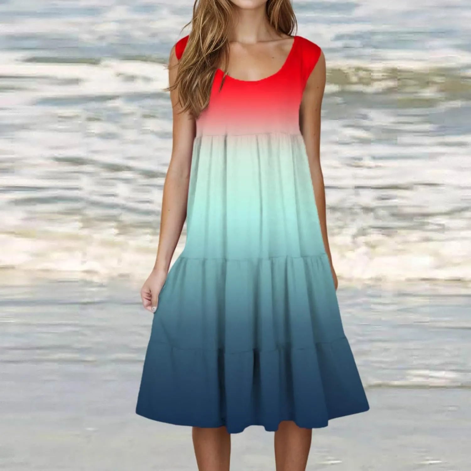 Womens 2025 Summer Casual Boho Dresses Sleeveless Color Block Ruffle Tiered Sundresses Cute Crew Neck Mini Dress
