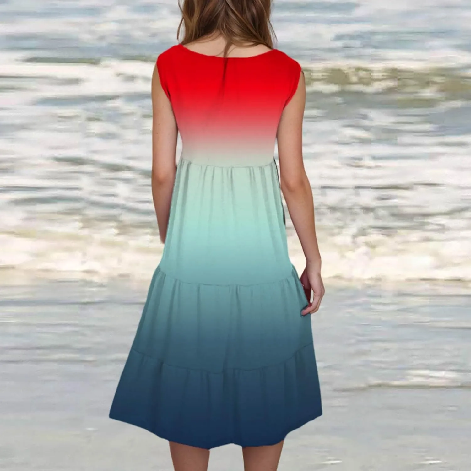 Womens 2025 Summer Casual Boho Dresses Sleeveless Color Block Ruffle Tiered Sundresses Cute Crew Neck Mini Dress