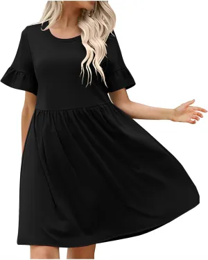 Women's 2025 Summer Dresses Ruffle Short Sleeve Casual T-Shirt Dress Casual Loose Round Neck Swing A Line Sundresses