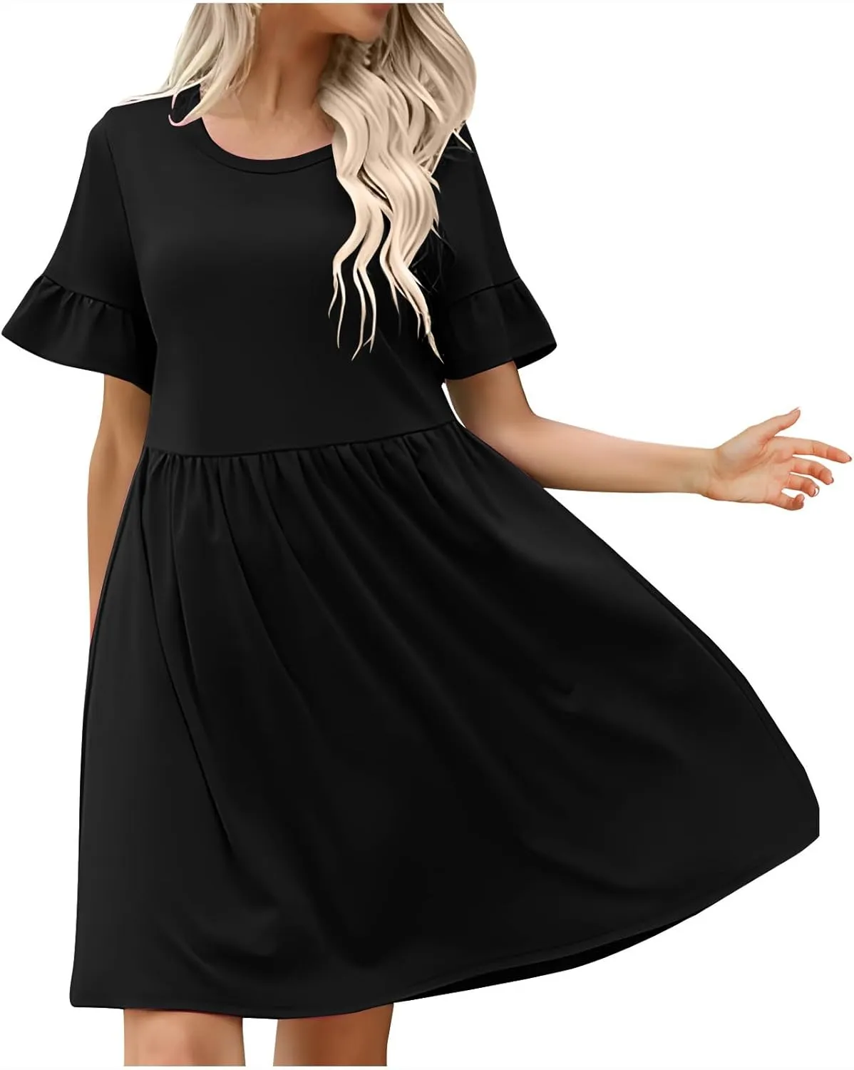 Women's 2025 Summer Dresses Ruffle Short Sleeve Casual T-Shirt Dress Casual Loose Round Neck Swing A Line Sundresses