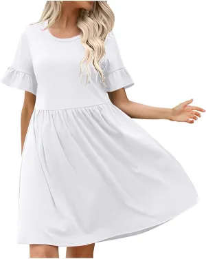 Women's 2025 Summer Dresses Ruffle Short Sleeve Casual T-Shirt Dress Casual Loose Round Neck Swing A Line Sundresses