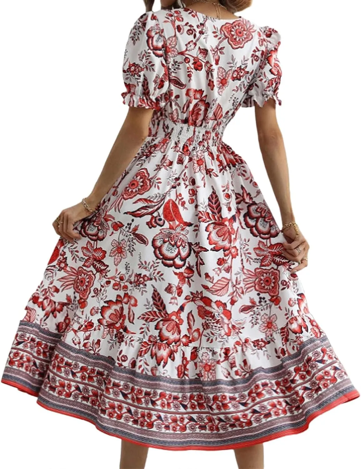 Womens 2025 Summer Floral Midi Dress Casual V Neck Puff Sleeve Flowy Sundress Boho Beach Vacation Dresses