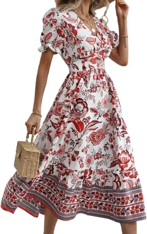 Womens 2025 Summer Floral Midi Dress Casual V Neck Puff Sleeve Flowy Sundress Boho Beach Vacation Dresses