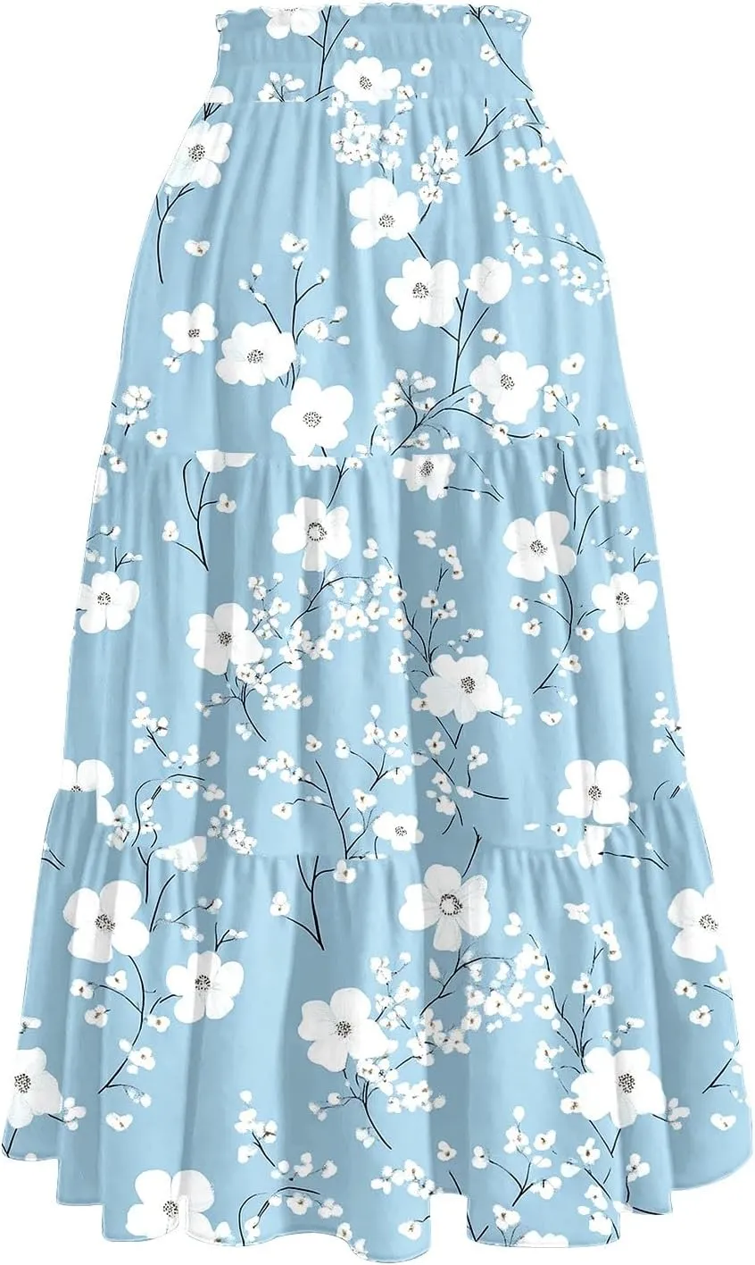 Women's 2025 Summer Skirt Stretch Waisted Floral Print Pleated Beach Flowy Midi Skirts with Pockets, S-2XL
