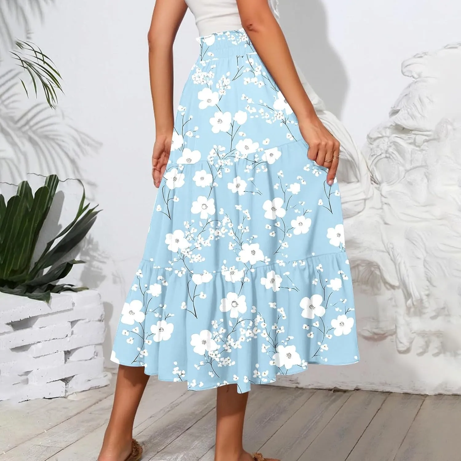 Women's 2025 Summer Skirt Stretch Waisted Floral Print Pleated Beach Flowy Midi Skirts with Pockets, S-2XL