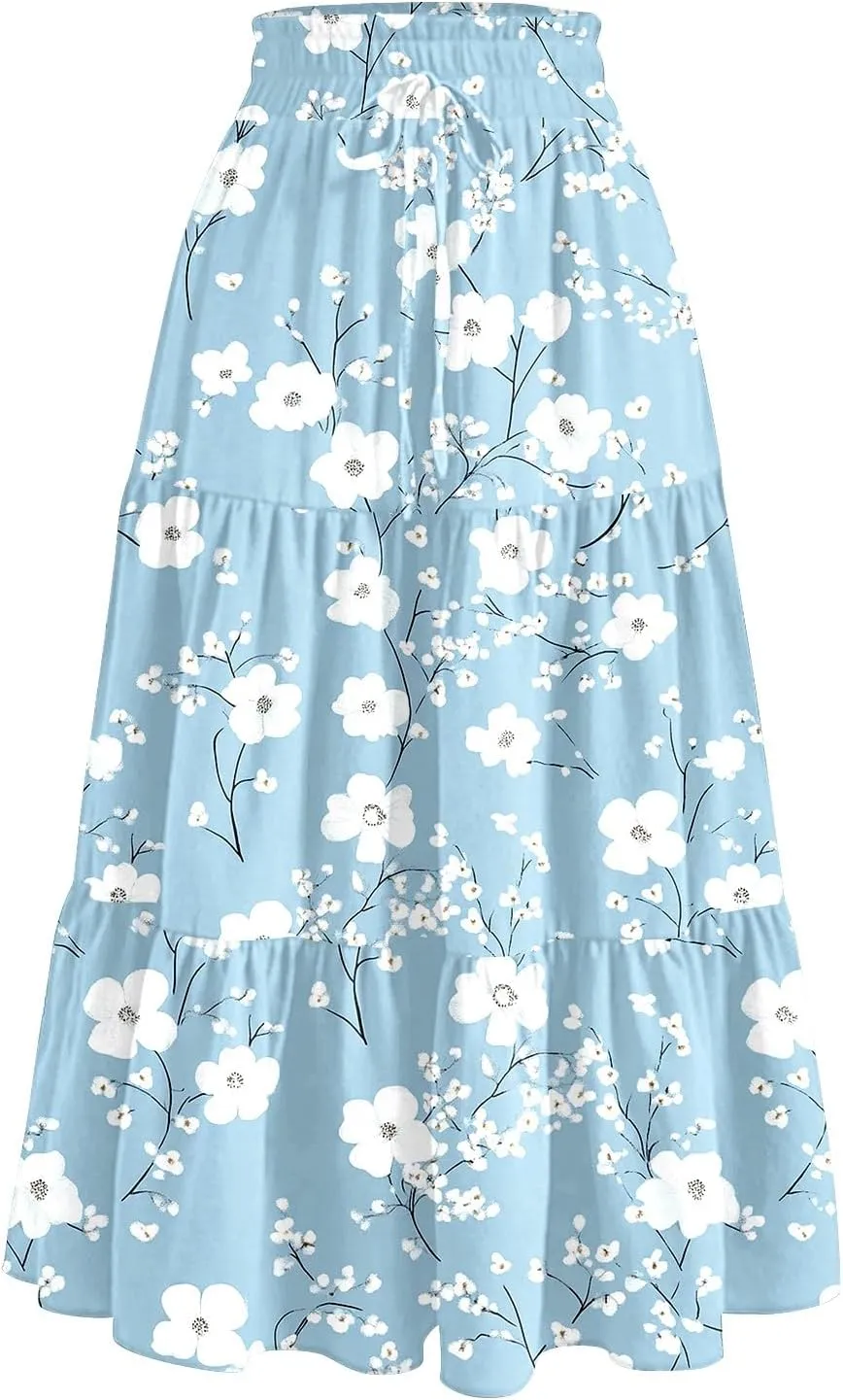 Women's 2025 Summer Skirt Stretch Waisted Floral Print Pleated Beach Flowy Midi Skirts with Pockets, S-2XL