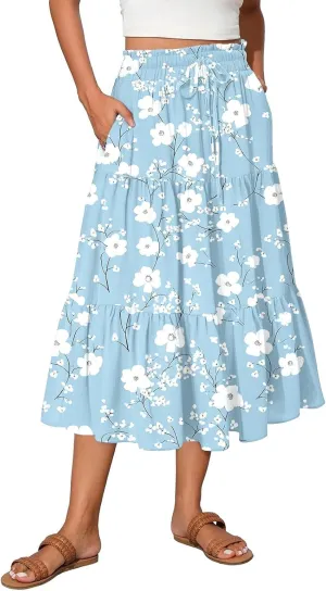 Women's 2025 Summer Skirt Stretch Waisted Floral Print Pleated Beach Flowy Midi Skirts with Pockets, S-2XL