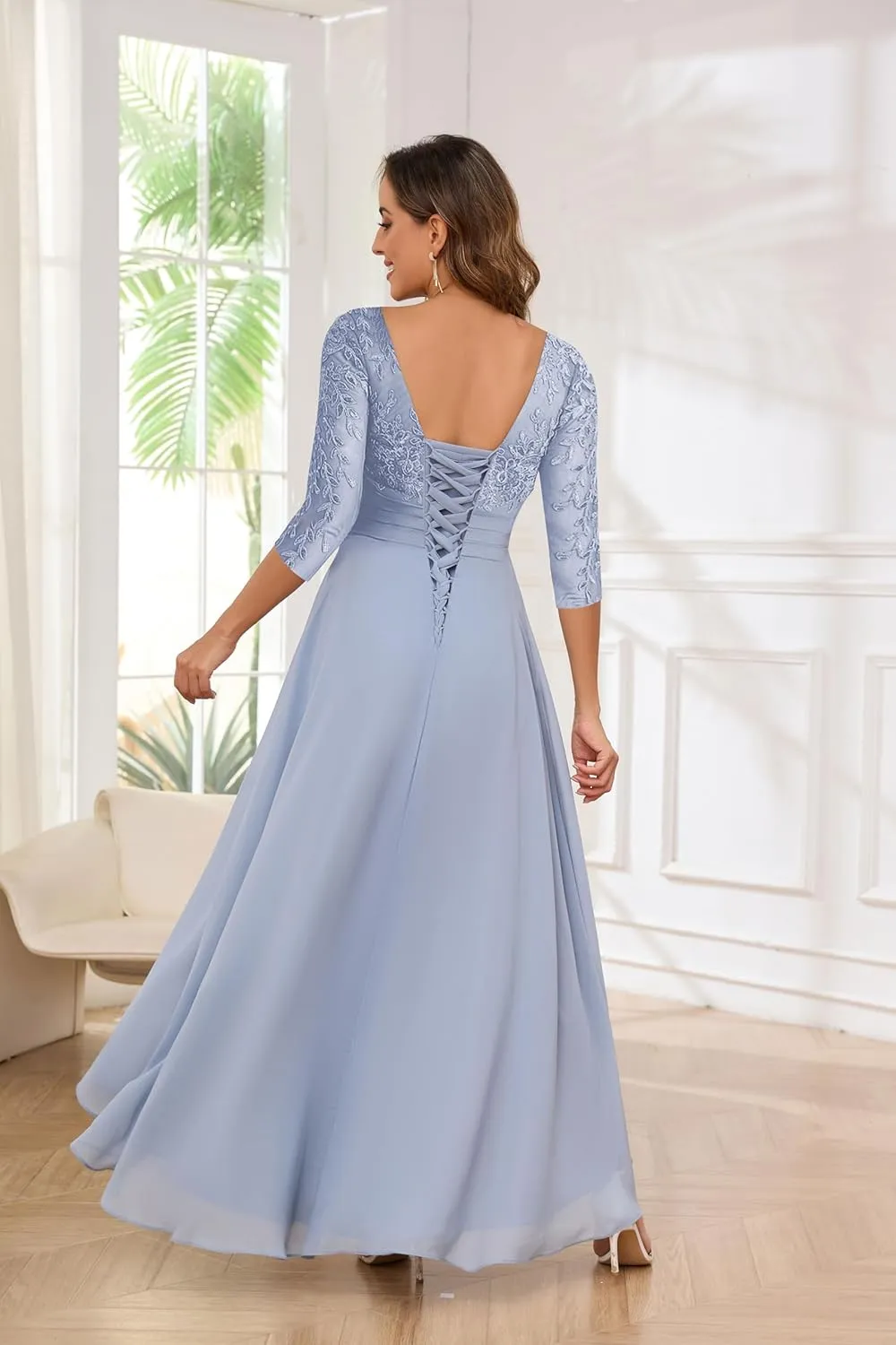 Women's 3/4 Sleeve Mother of The Bride Dresses for Wedding A-line Lace Chiffon Long Evening Formal Gown