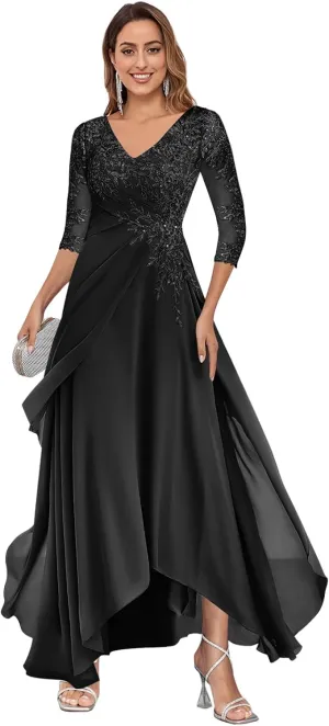 Women's 3/4 Sleeve Mother of The Bride Dresses for Wedding A-line Lace Chiffon Long Evening Formal Gown