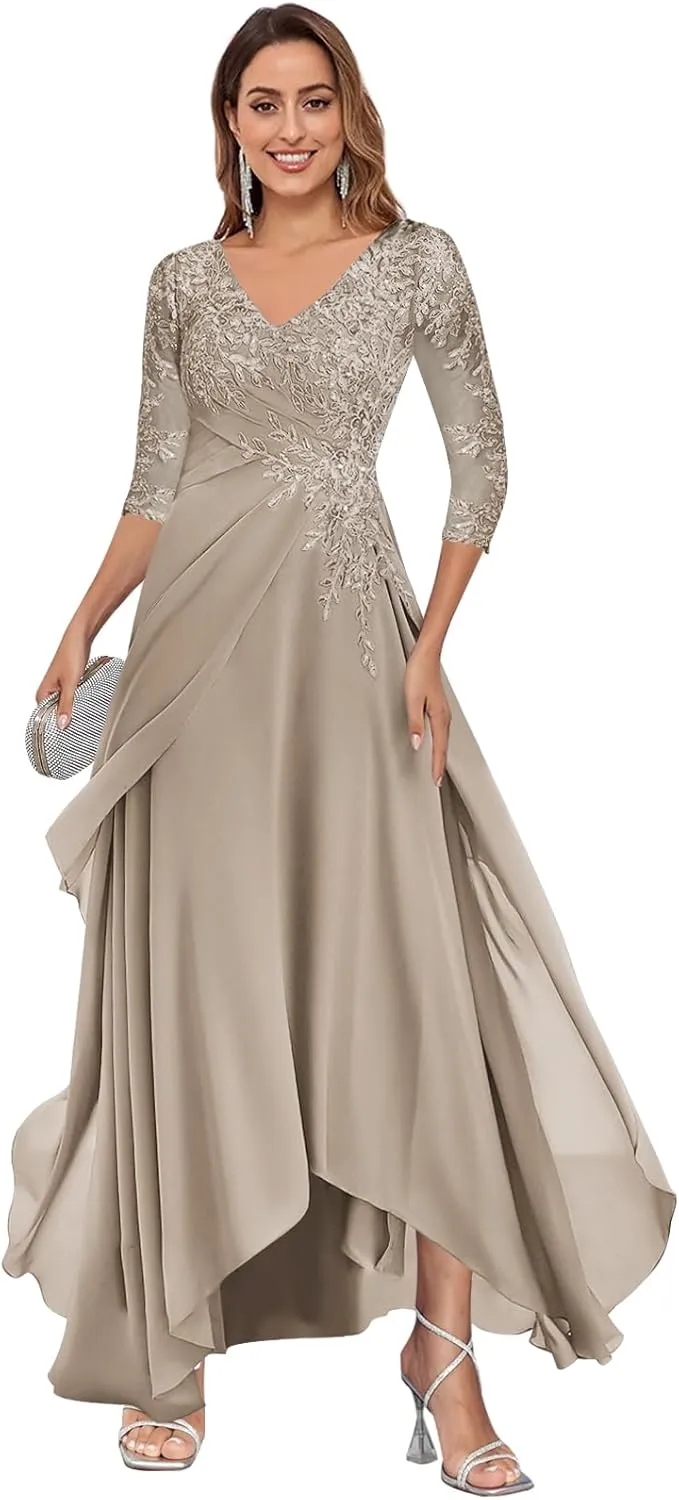 Women's 3/4 Sleeve Mother of The Bride Dresses for Wedding A-line Lace Chiffon Long Evening Formal Gown