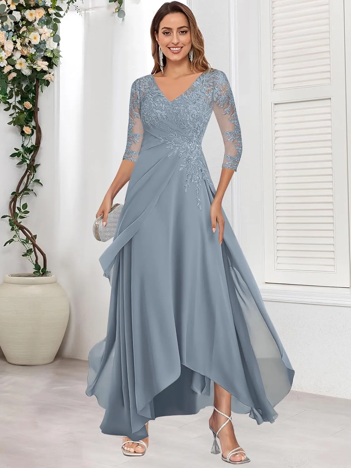 Women's 3/4 Sleeve Mother of The Bride Dresses for Wedding A-line Lace Chiffon Long Evening Formal Gown