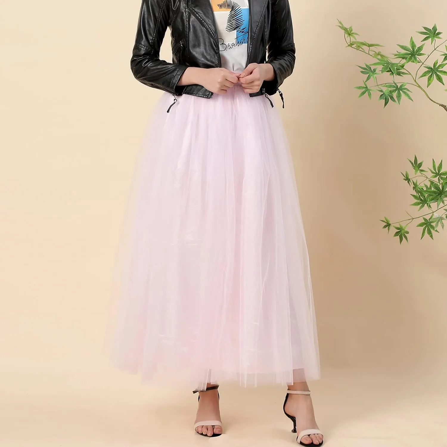 Women's A-Line High Waisted Midi Skirt Womens Long Tulle Skirt Pleated A Line Skirt High Waist Elastic Mesh Flowy