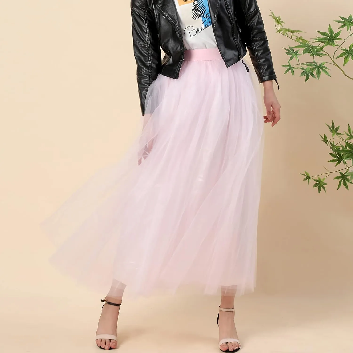 Women's A-Line High Waisted Midi Skirt Womens Long Tulle Skirt Pleated A Line Skirt High Waist Elastic Mesh Flowy