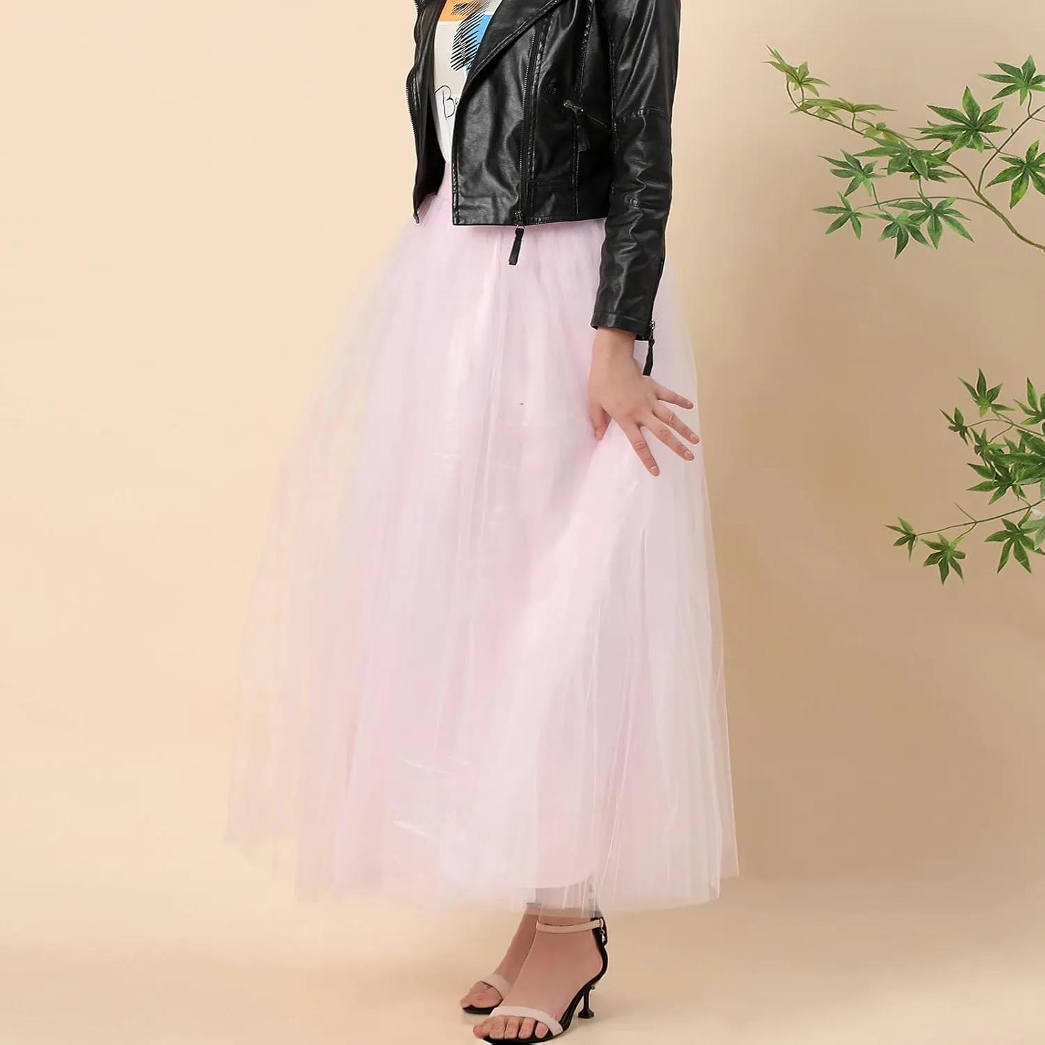 Women's A-Line High Waisted Midi Skirt Womens Long Tulle Skirt Pleated A Line Skirt High Waist Elastic Mesh Flowy