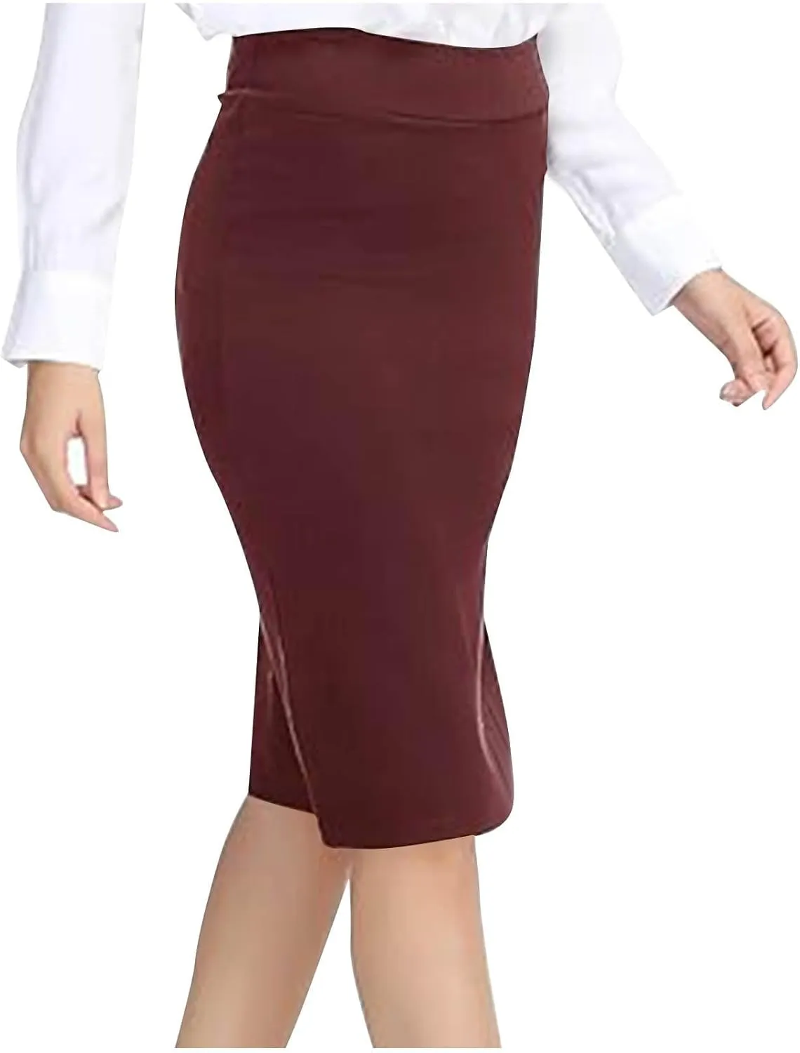 Womens Basic Pencil Skirt Knee Length Office Midi Bodycon High Waist Solid Color Dress Summer Casual Split Skirts