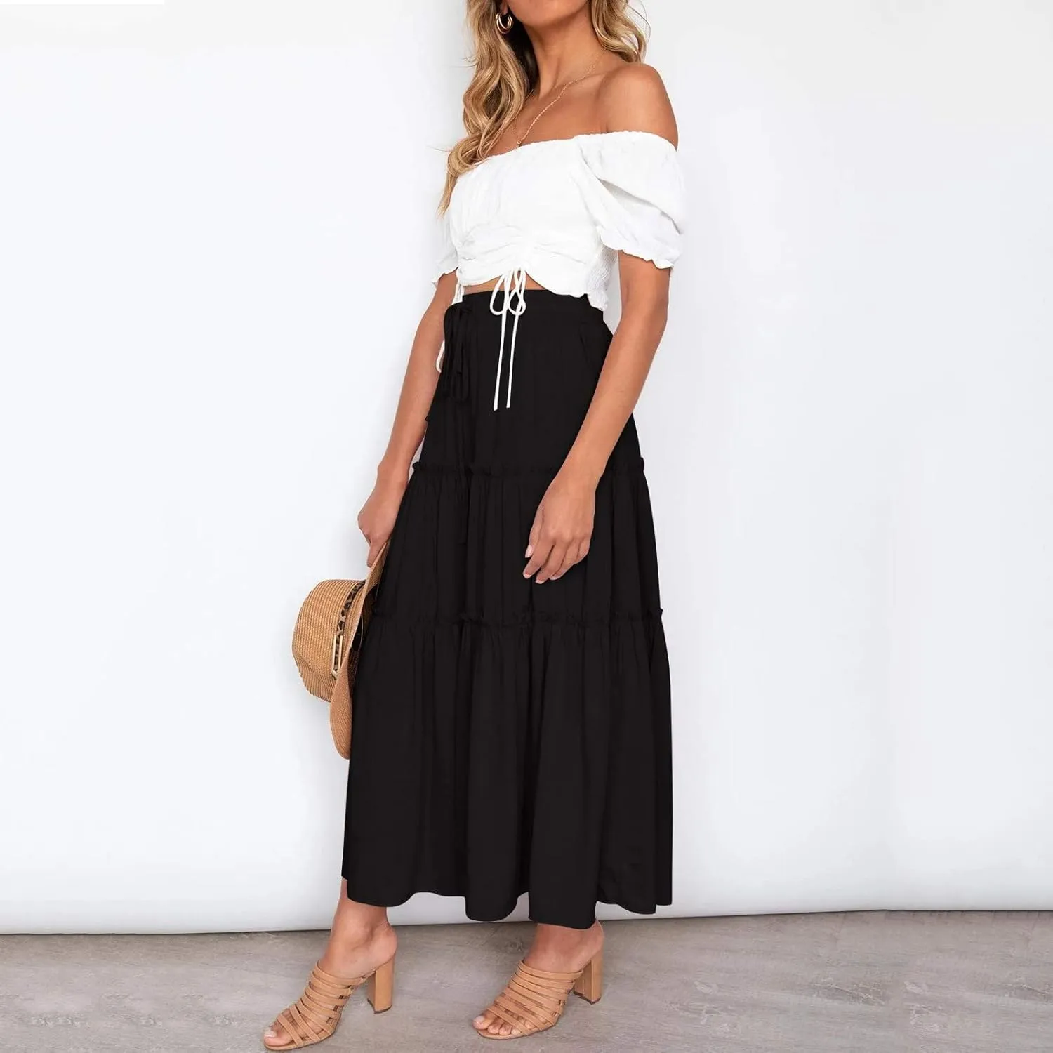 Women's Beach Maxi Skirts Elastic High Waist Drawstring Tired Pleated Skirt Summer Flowy Boho A Line Long Skirt