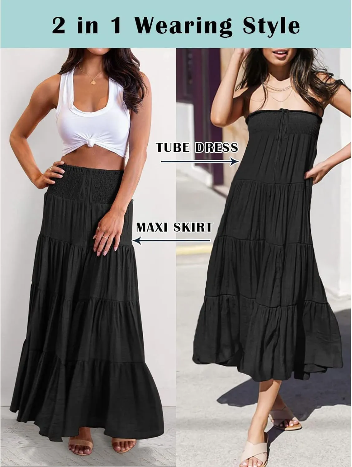 Women's Beach Maxi Skirts Elastic High Waist Drawstring Tired Pleated Skirt Summer Flowy Boho A Line Long Skirt
