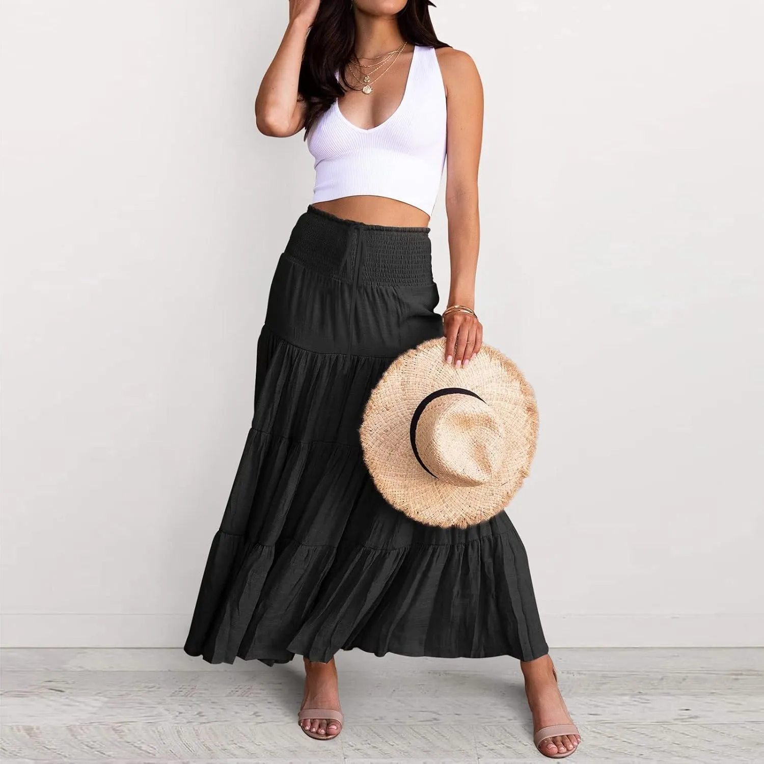 Women's Beach Maxi Skirts Elastic High Waist Drawstring Tired Pleated Skirt Summer Flowy Boho A Line Long Skirt