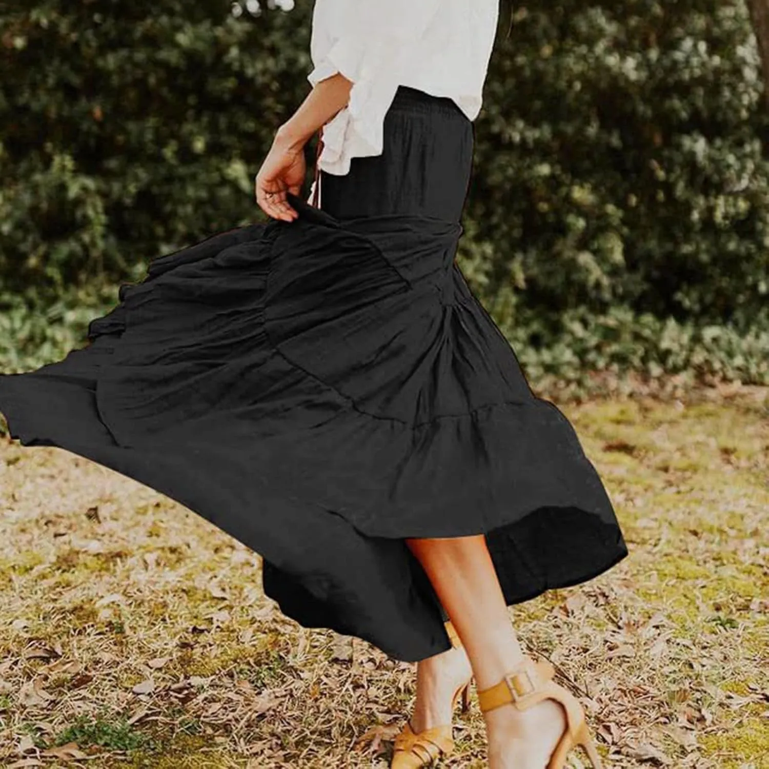 Women's Beach Maxi Skirts Elastic High Waist Drawstring Tired Pleated Skirt Summer Flowy Boho A Line Long Skirt