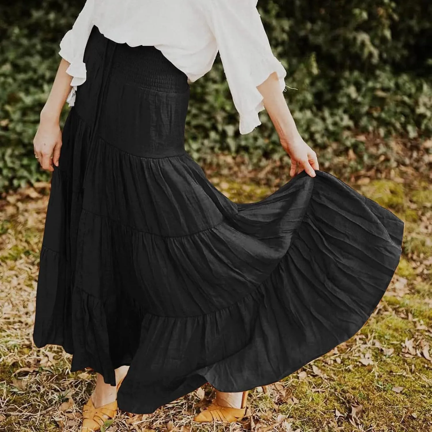 Women's Beach Maxi Skirts Elastic High Waist Drawstring Tired Pleated Skirt Summer Flowy Boho A Line Long Skirt