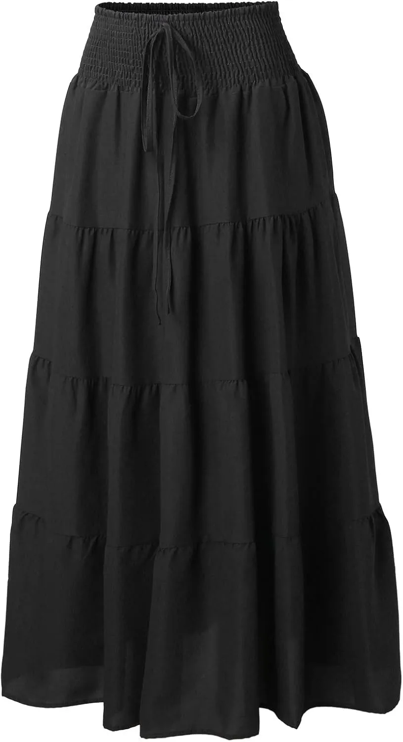 Women's Beach Maxi Skirts Elastic High Waist Drawstring Tired Pleated Skirt Summer Flowy Boho A Line Long Skirt