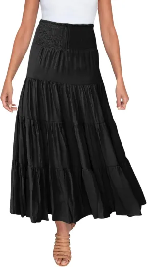 Women's Beach Maxi Skirts Elastic High Waist Drawstring Tired Pleated Skirt Summer Flowy Boho A Line Long Skirt