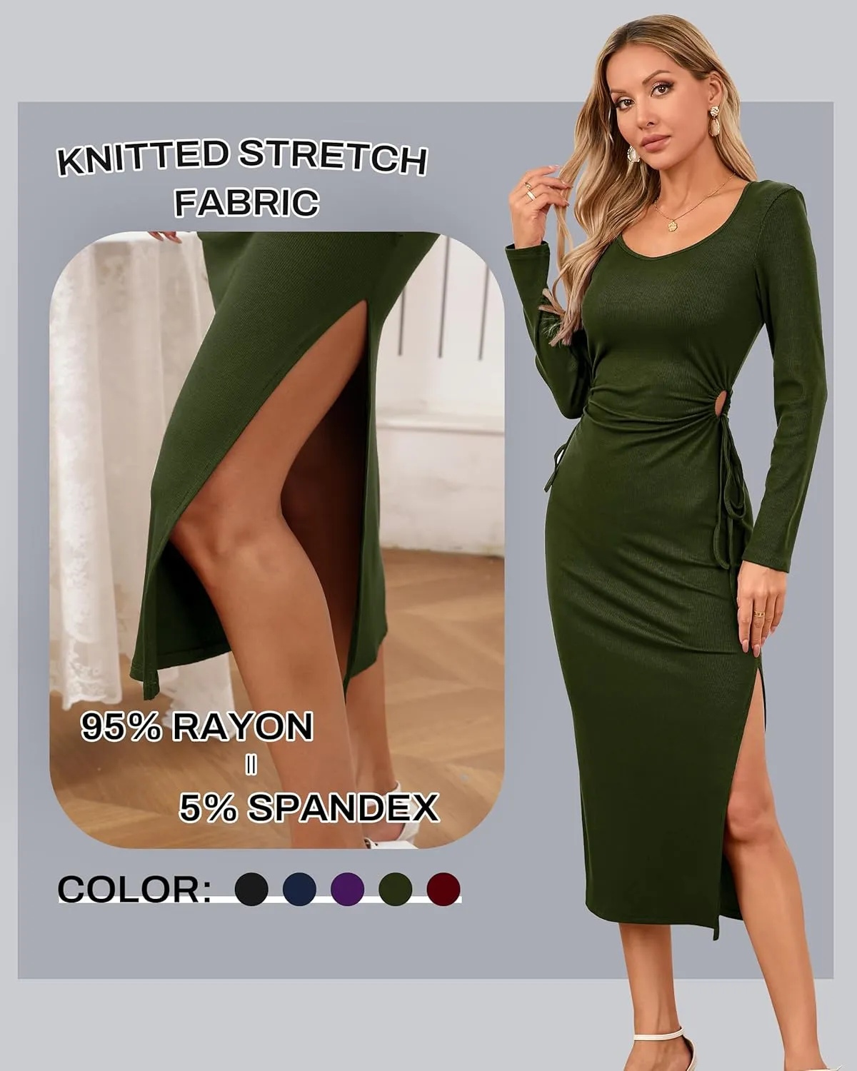 Women's Bodycon Midi Dress Long Sleeve Side Cutout Waist Drawstring Square Neck Slit Ribbed Knit Summer Dresses 2025