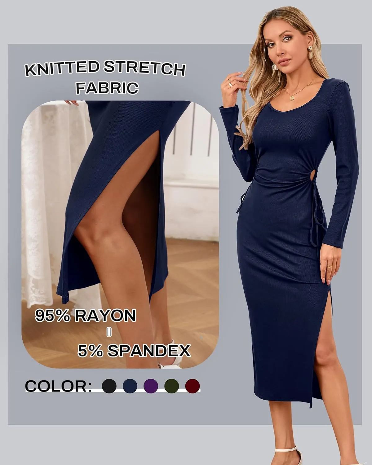 Women's Bodycon Midi Dress Long Sleeve Side Cutout Waist Drawstring Square Neck Slit Ribbed Knit Summer Dresses 2025