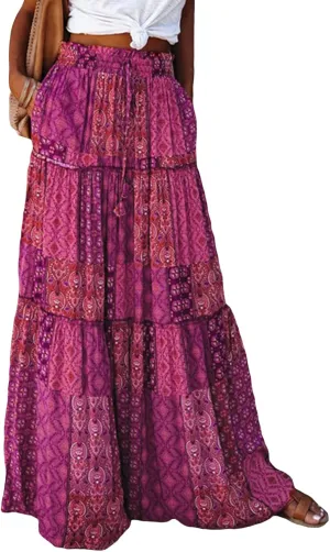 Women's Bohemian Maxi Skirts Vintage Elastic High Waist A-Line Skirts Tiered Boho Long Skirts with Pockets