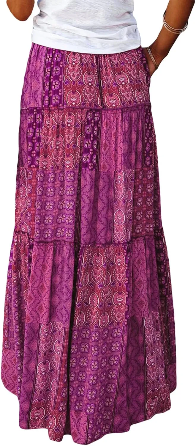 Women's Bohemian Maxi Skirts Vintage Elastic High Waist A-Line Skirts Tiered Boho Long Skirts with Pockets