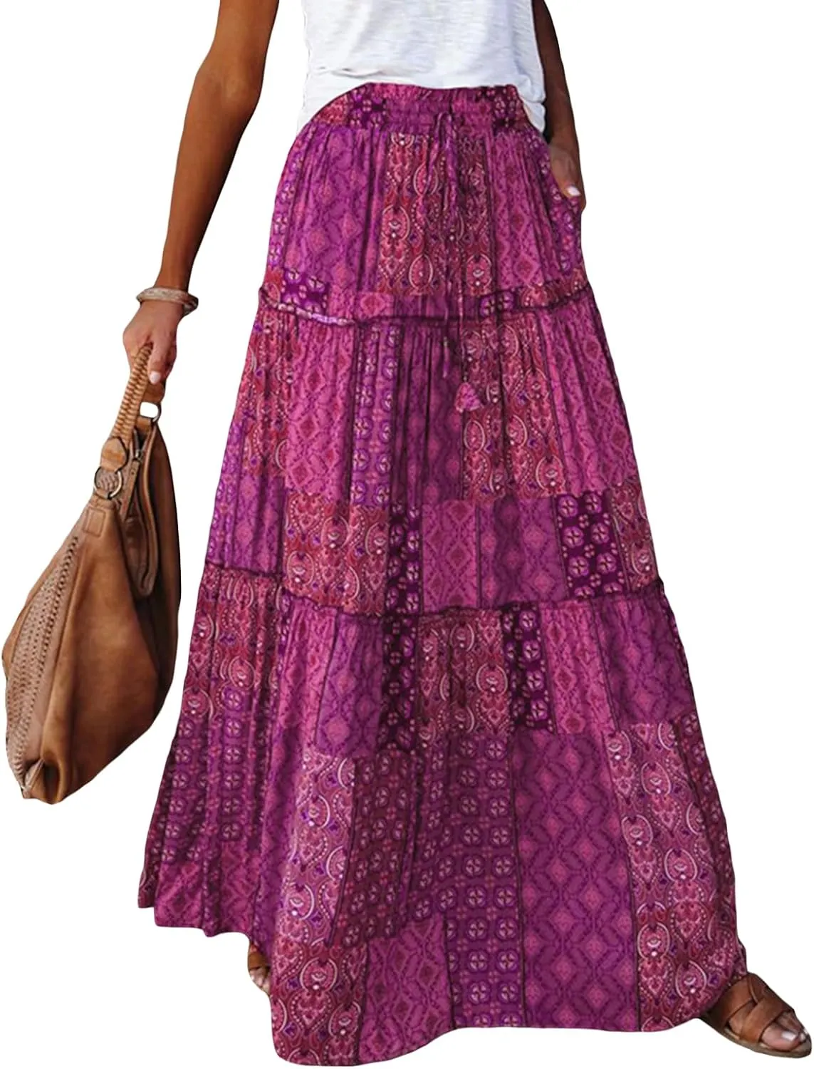 Women's Bohemian Maxi Skirts Vintage Elastic High Waist A-Line Skirts Tiered Boho Long Skirts with Pockets