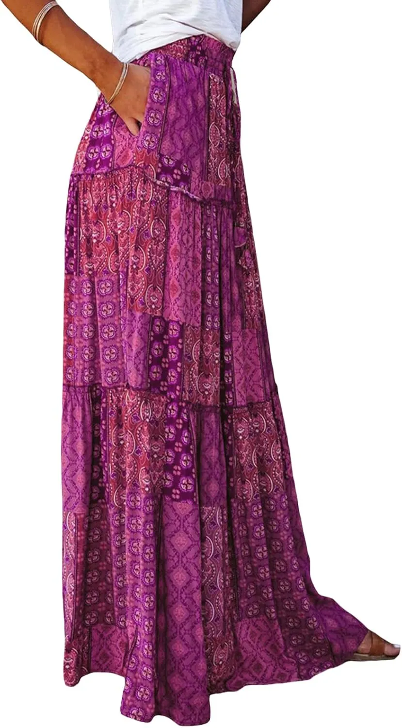 Women's Bohemian Maxi Skirts Vintage Elastic High Waist A-Line Skirts Tiered Boho Long Skirts with Pockets