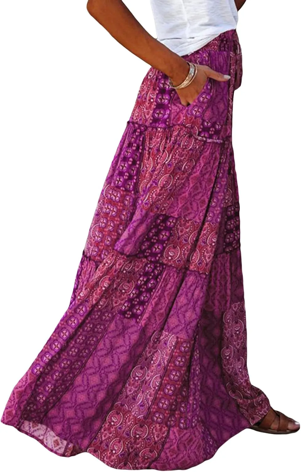 Women's Bohemian Maxi Skirts Vintage Elastic High Waist A-Line Skirts Tiered Boho Long Skirts with Pockets