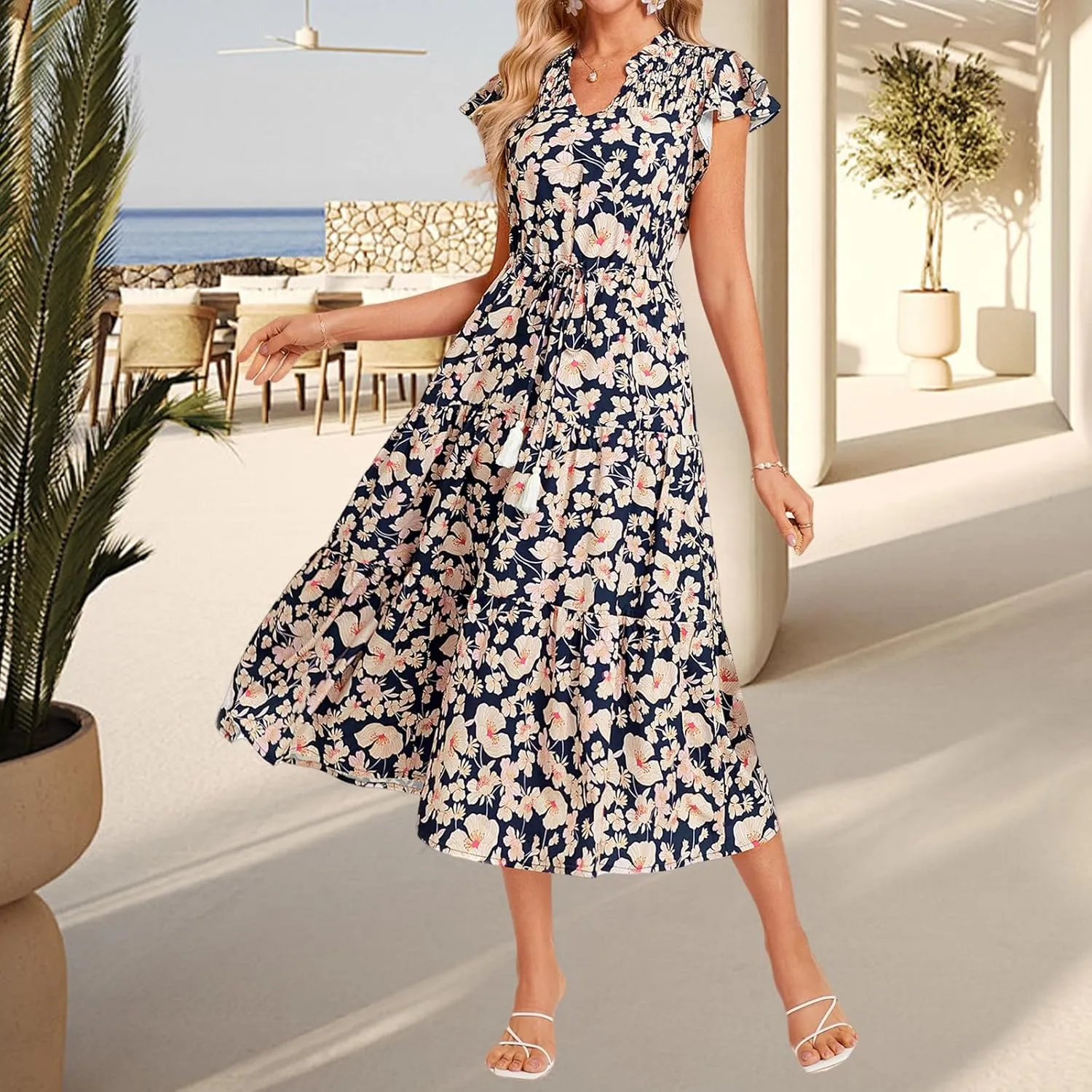 Womens Boho Dresses Summer Flowy V Neck Short Sleeve Midi Dress Casual Tummy Control Pleated Floral Printed Sundress
