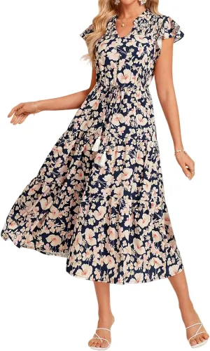 Womens Boho Dresses Summer Flowy V Neck Short Sleeve Midi Dress Casual Tummy Control Pleated Floral Printed Sundress