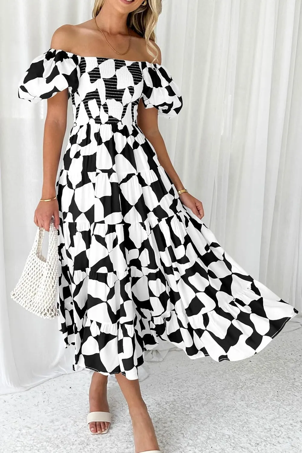 Womens Boho Floral Dress Long Square Neck Puff Short Sleeve Dress Casual Flowy Beach Vacation Sundress