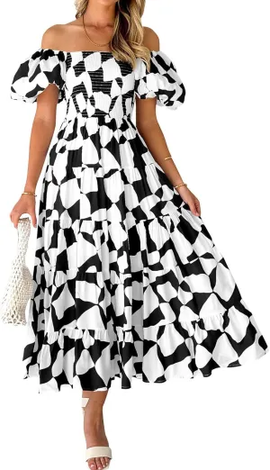 Womens Boho Floral Dress Long Square Neck Puff Short Sleeve Dress Casual Flowy Beach Vacation Sundress