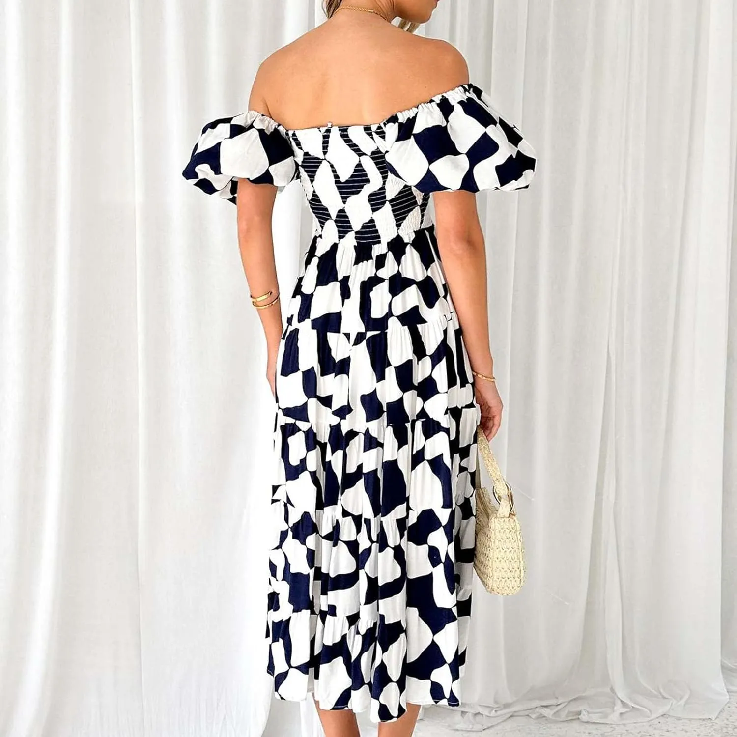 Womens Boho Floral Dress Long Square Neck Puff Short Sleeve Dress Casual Flowy Beach Vacation Sundress